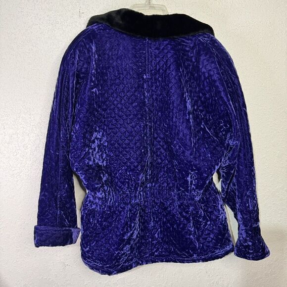 KAOS by Andy Jones Purple quilted velvet Jacket Woman faux fur collar M Vtg - Picture 2 of 13